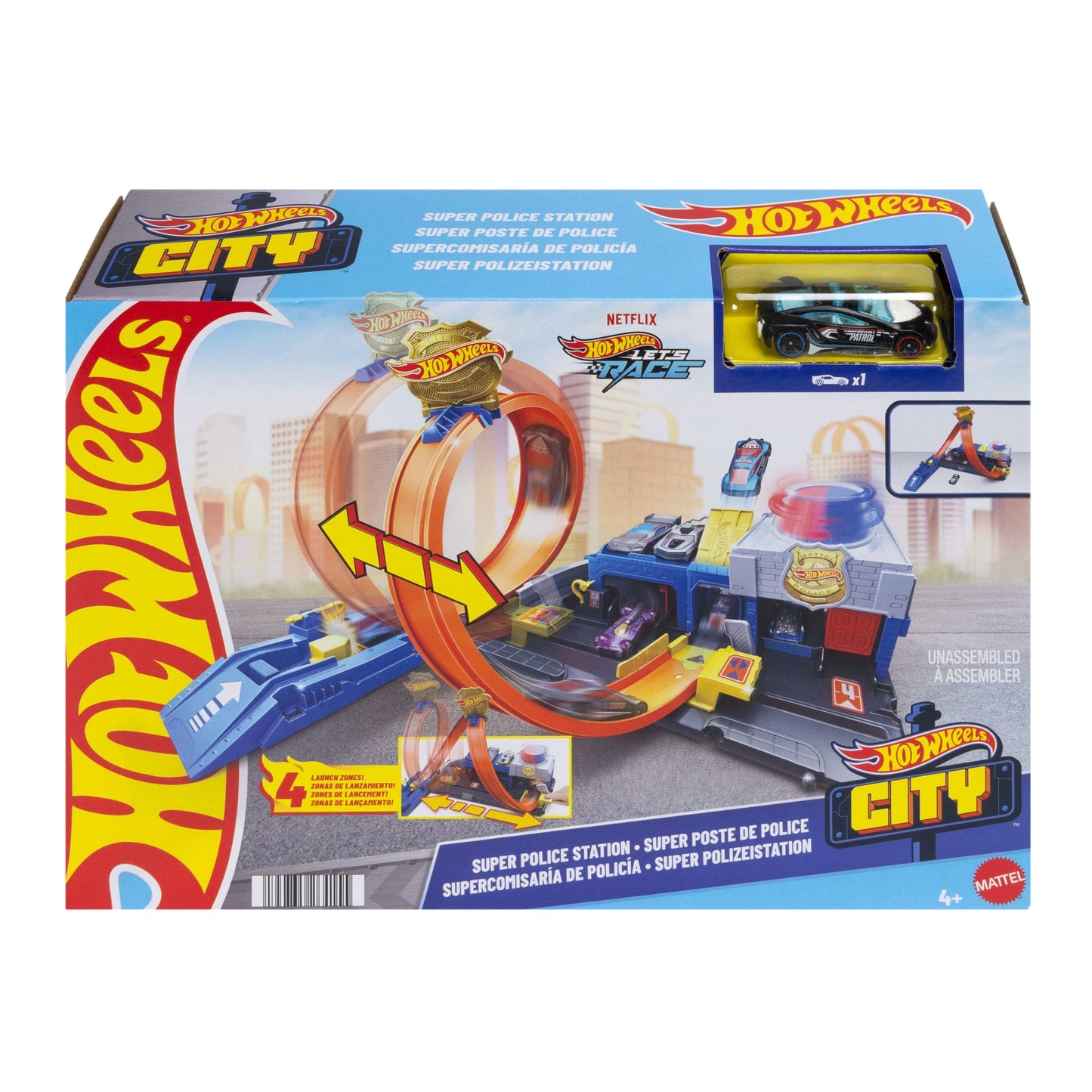 Hot Wheels City Super Police Station Playset With 1:64 Scale Police Toy Car & Adjustable Track Loop