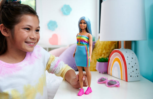 Barbie Fashionistas Doll #218 With Blue Hair, Rainbow Top & Teal Skirt, 65Th Anniversary