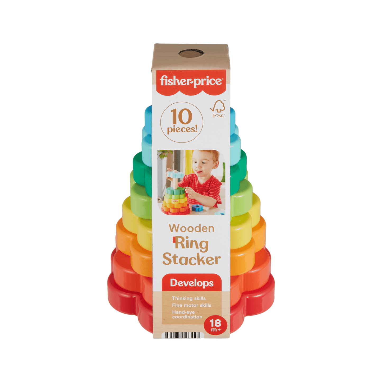 Fisher-Price Wooden Ring Stacker Toddler Fine Motor Toy, 10 Wood Pieces