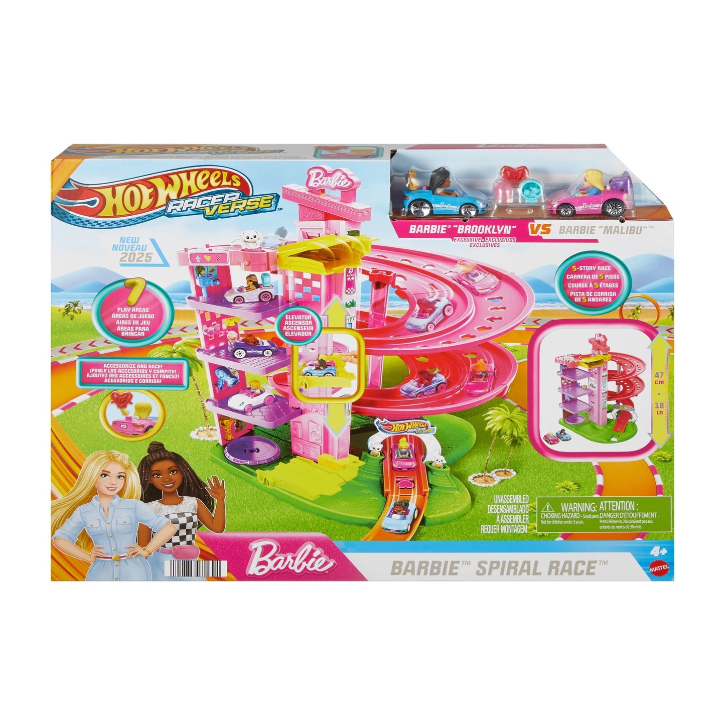 Hot Wheels Racerverse Barbie Spiral Race Track Set With Barbie “Malibu” & Barbie “Brooklyn” Toy Cars