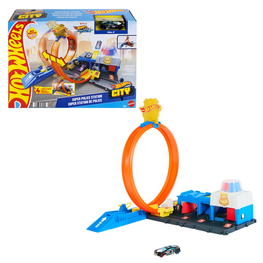 Hot Wheels City Super Police Station Playset With 1:64 Scale Police Toy Car & Adjustable Track Loop