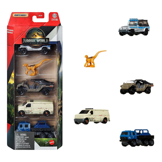 Matchbox Jurassic World 5-Pack, 4 1:64 Scale Die-Cast Toy Cars With 1 Dinosaur