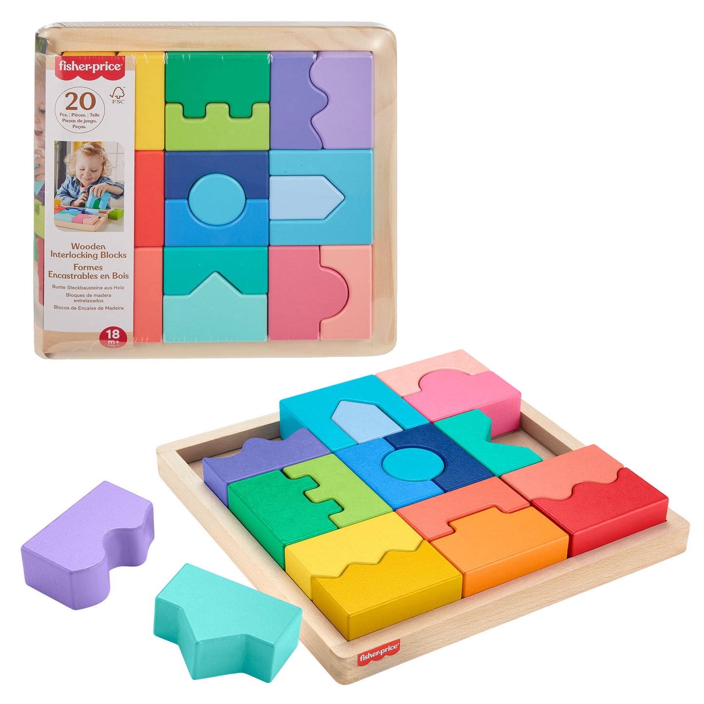 Fisher-Price Wood Toddler Toy Interlocking Blocks Stacking Jigsaw Puzzle With 20 Wooden Pieces For Kids Ages 18+ Months