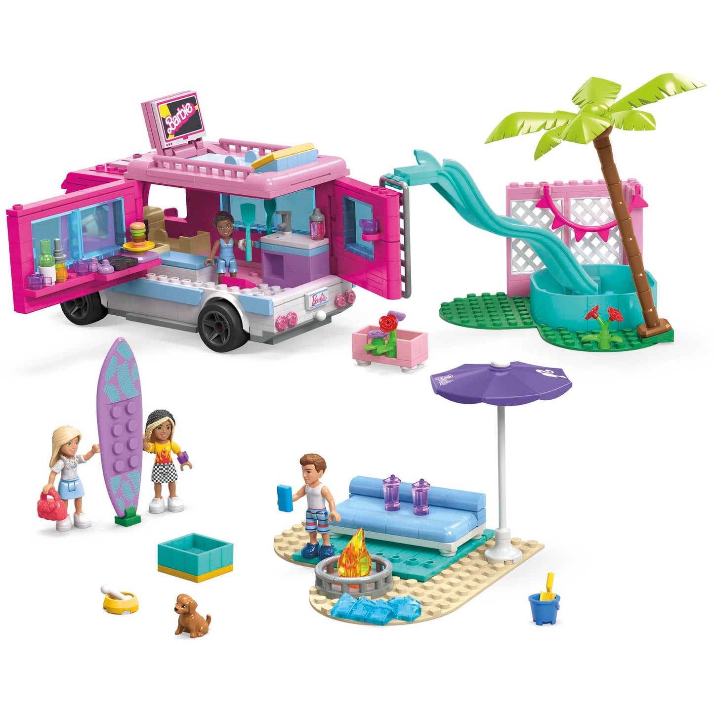 MEGA Barbie Dream Camper Adventure Building Kit Playset With 4 Micro-Dolls (580 Pieces)