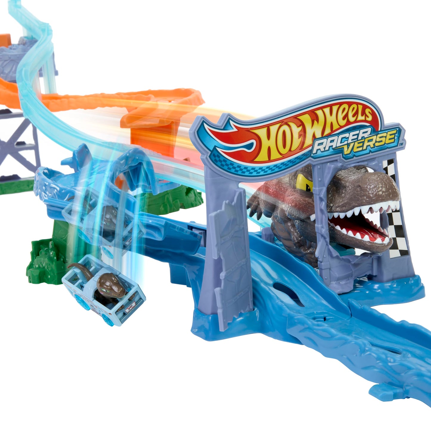Hot Wheels Racerverse Jurassic World Crash & Splash Track Set & Die-Cast Dinosaur Toy Car