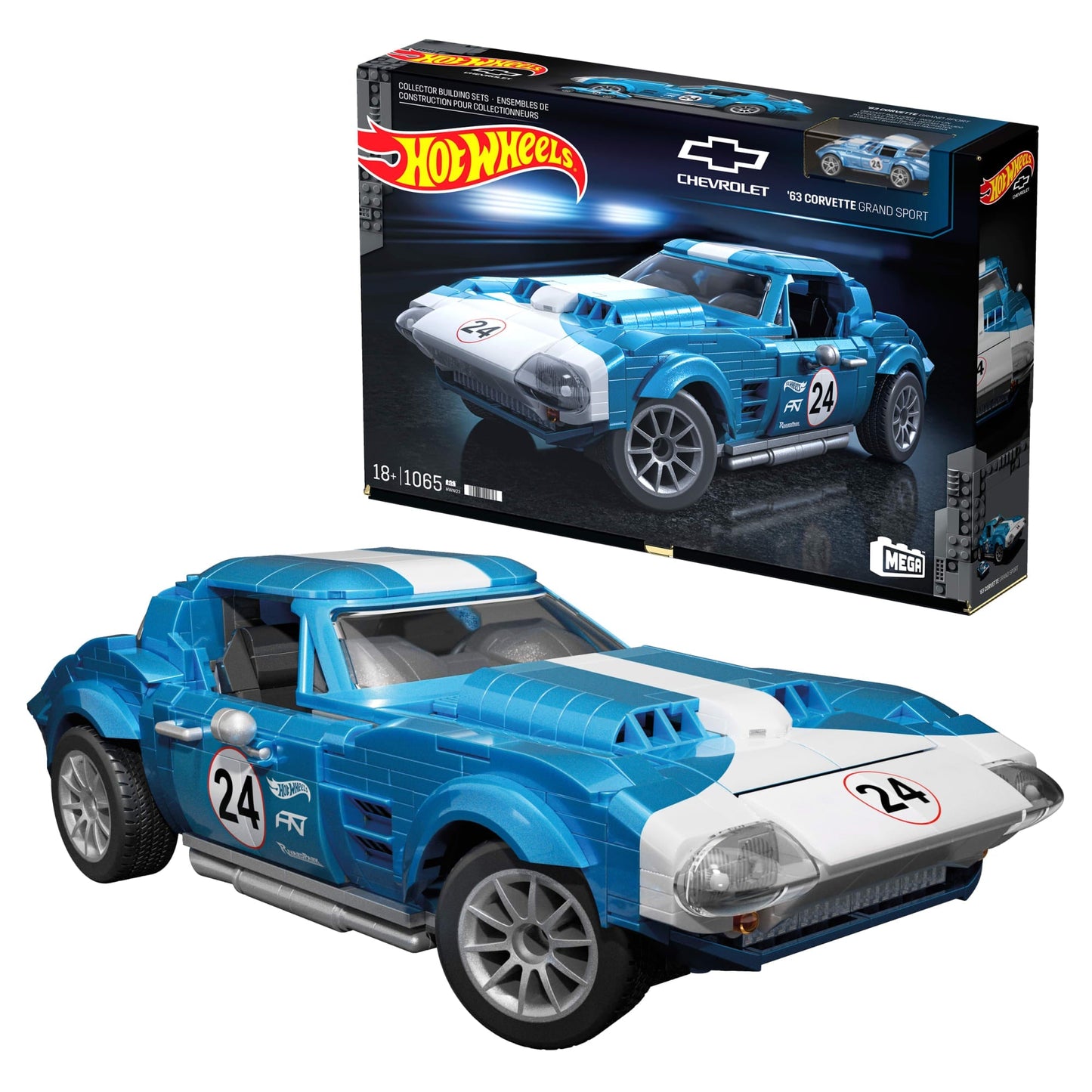 MEGA Hot Wheels 63 Corvette Grand Sport Race Car Building Toy Kit (1060 Pieces) For Collectors
