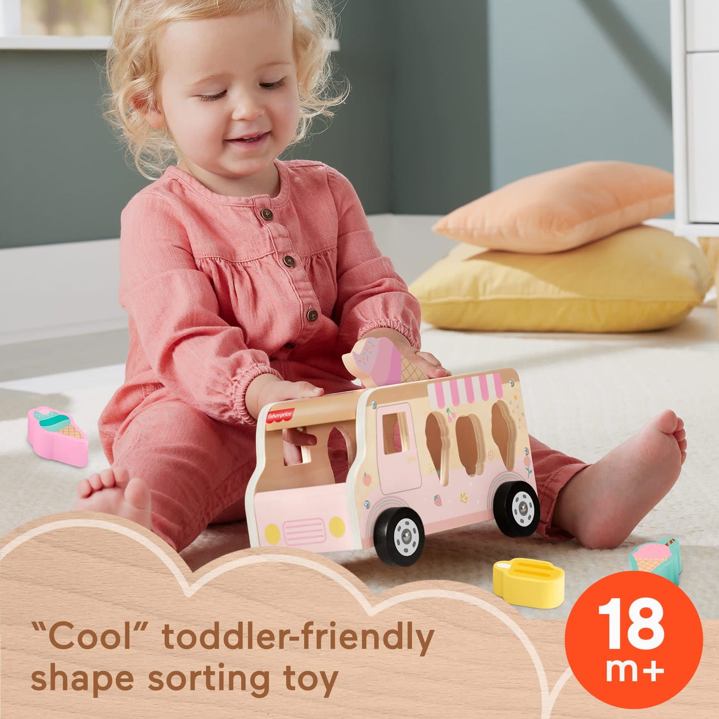 Fisher-Price Wooden Ice Cream Shape Sorter Set For Toddlers & Kids, 9 Wood Pieces