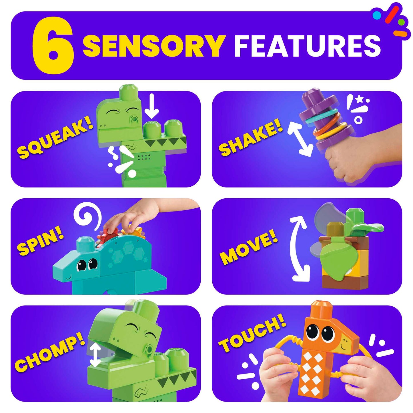 MEGA Bloks Squeak 'n Chomp Dinos Sensory Building Toys For Toddlers 1-3 (24 Pcs)