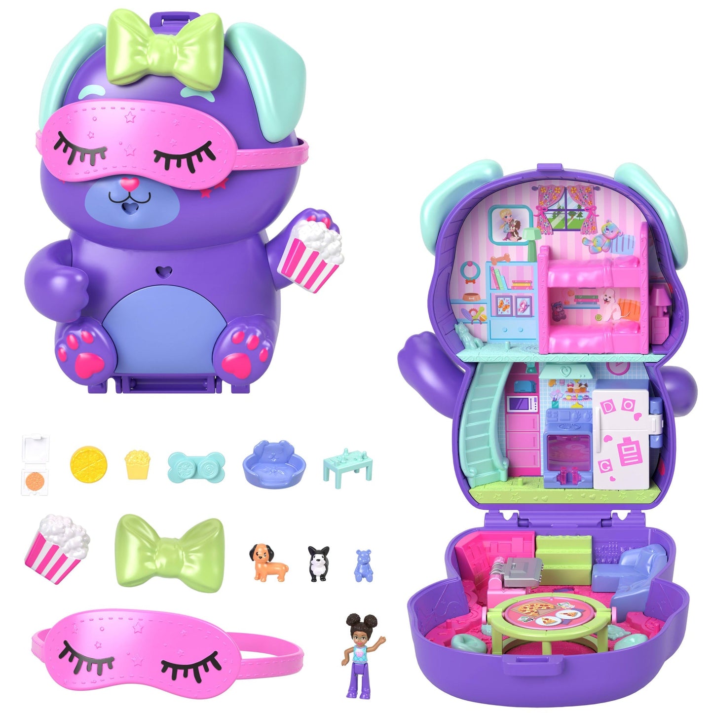 Polly Pocket Sleepover Puppy Compact Playset With 1 Micro Doll And Pet Dogs, Travel Toy With Food & Styling Accessories