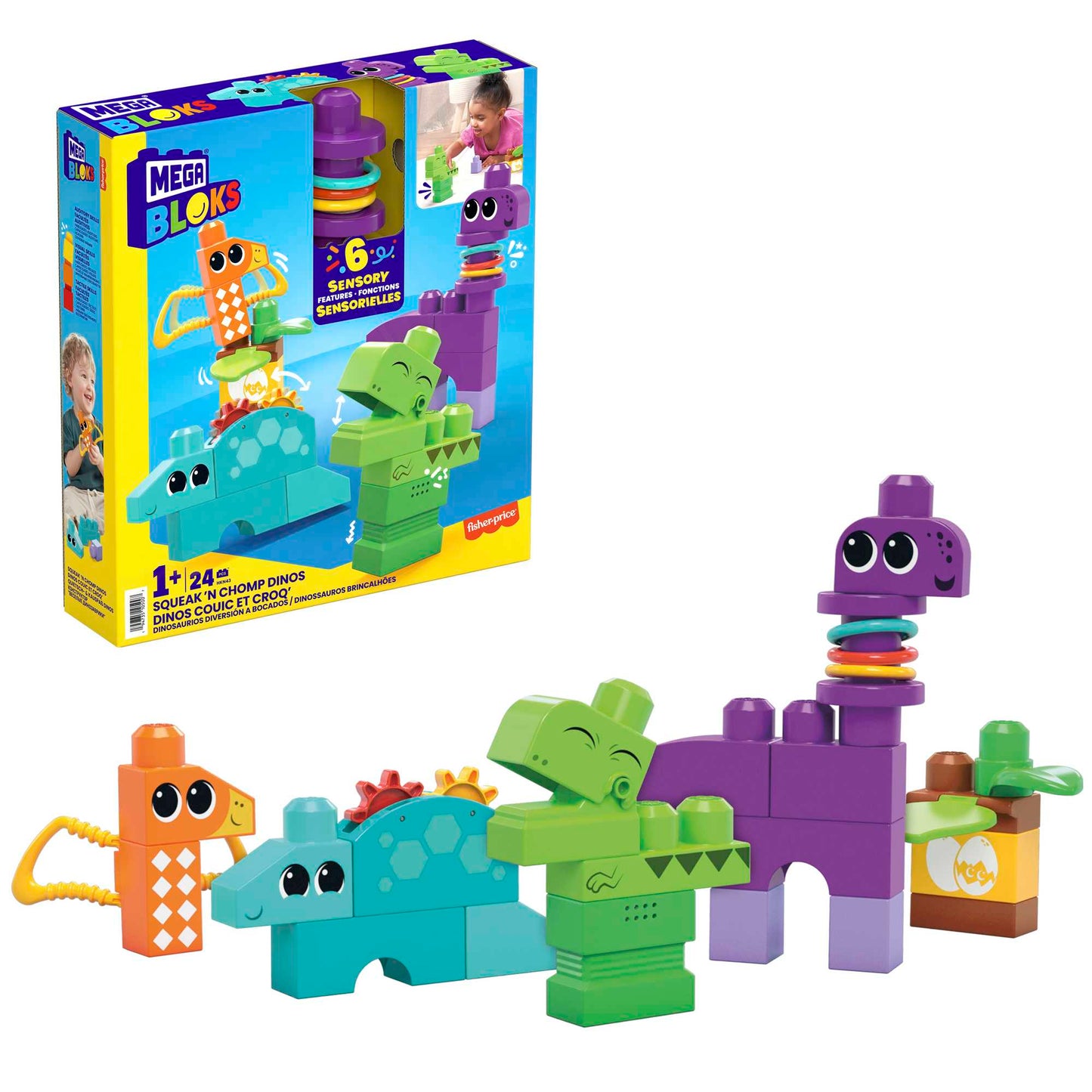 MEGA Bloks Squeak 'n Chomp Dinos Sensory Building Toys For Toddlers 1-3 (24 Pcs)