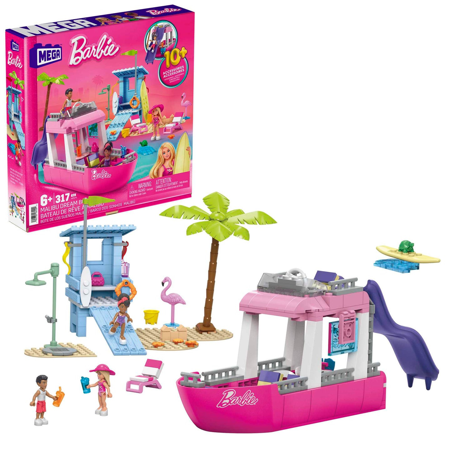MEGA Barbie Malibu Dream Boat Building Kit Playset With 3 Micro-Dolls (317 Pieces)