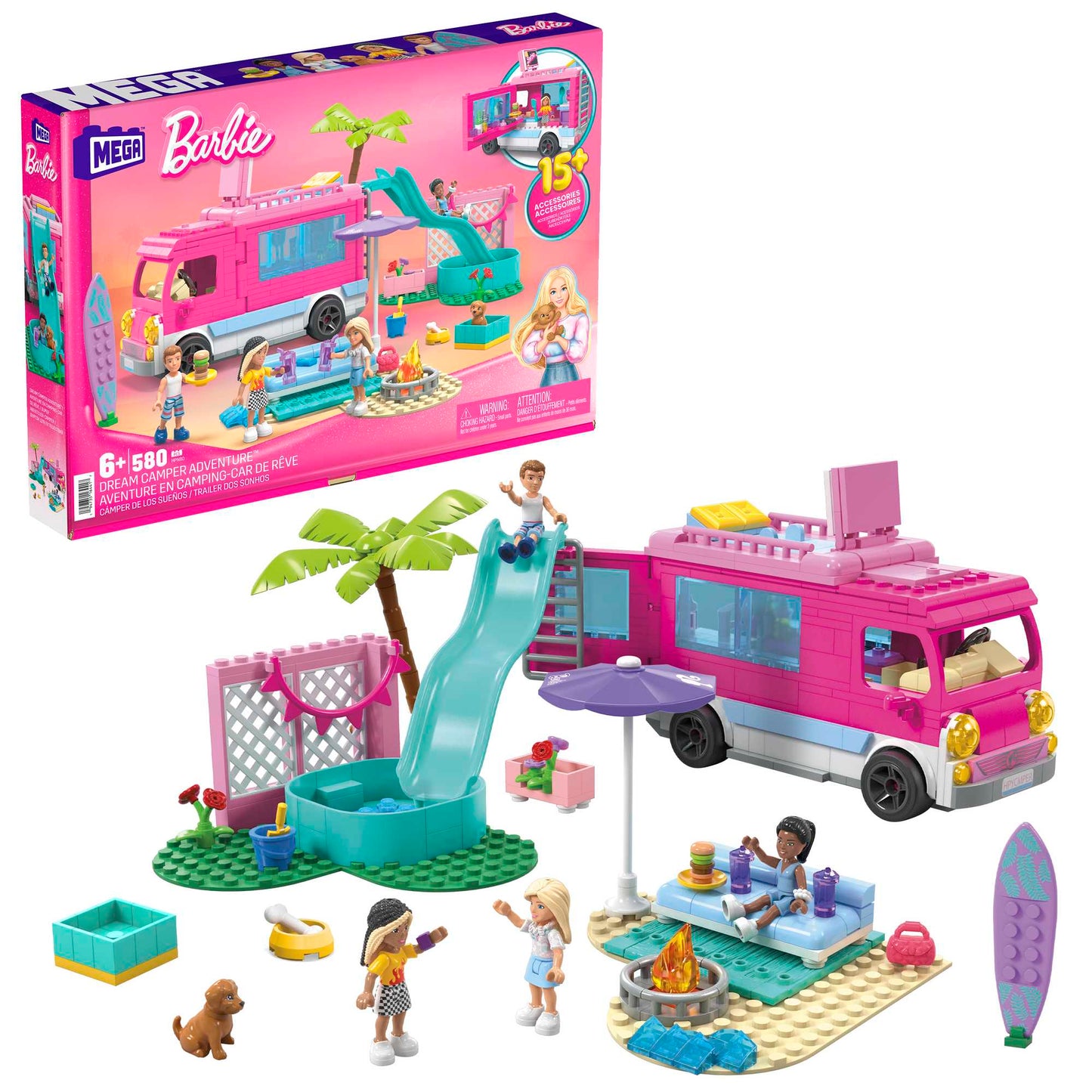 MEGA Barbie Dream Camper Adventure Building Kit Playset With 4 Micro-Dolls (580 Pieces)