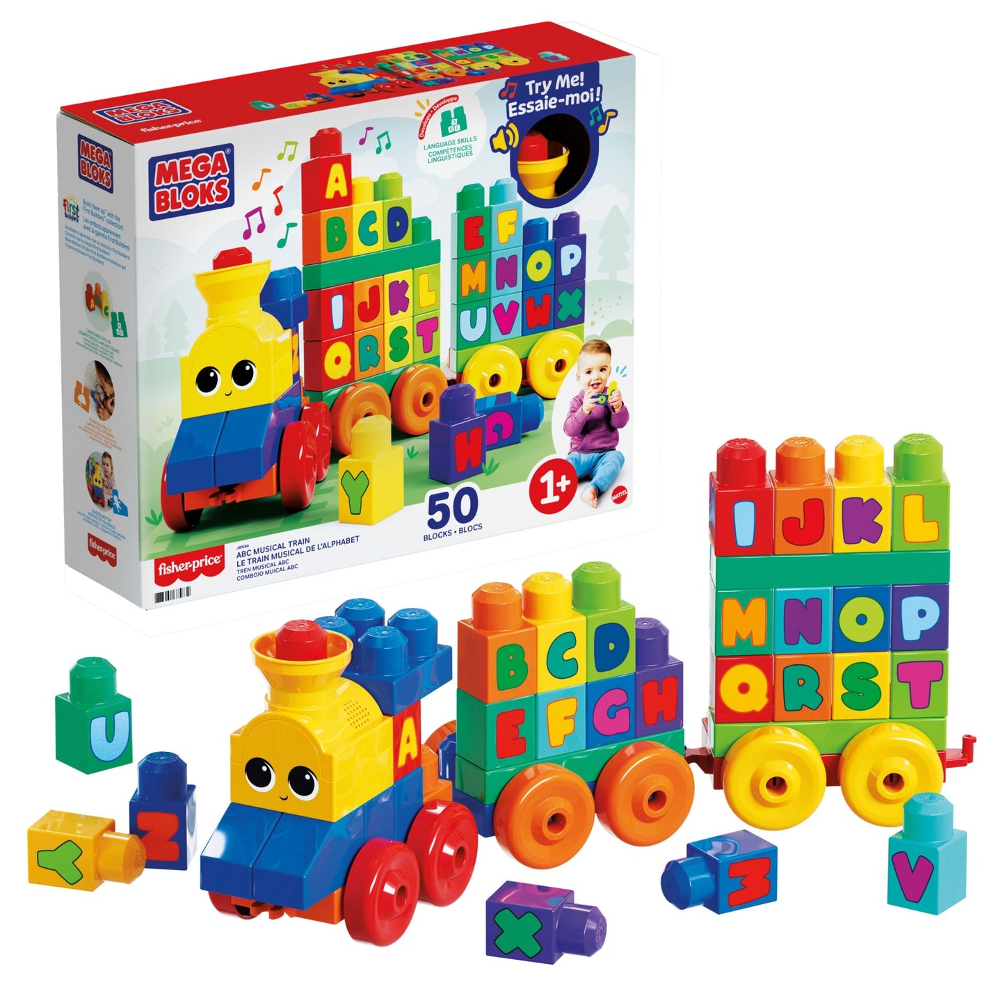 First Builders ABC Musical Train Toy Building Blocks With Music (50 Pieces) For Toddler